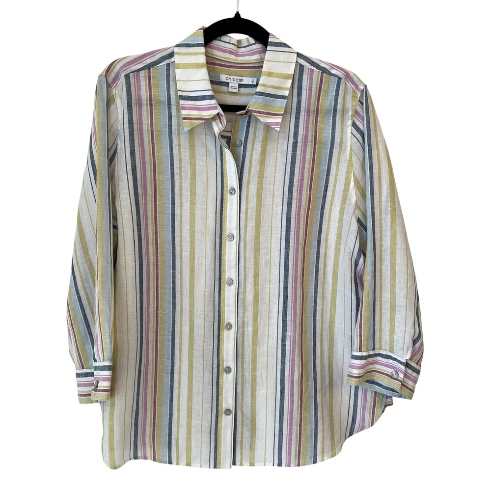 Chicos 100% Linen Striped Button Up Shirt Sz 2 L Coastal 3/4 Sleeve Beach Resort